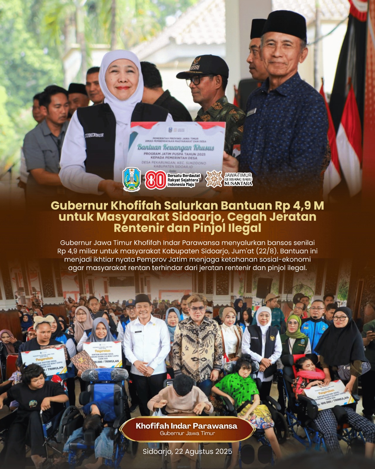 Gubernur Khofifah Salurkan Bantuan Sosial  Rp 4,9 Miliar Untuk Masyarakat Sidoarjo, Perkuat Ketahanan Ekonomi Cegah Jeratan Rentenir dan Pinjol Ilegal