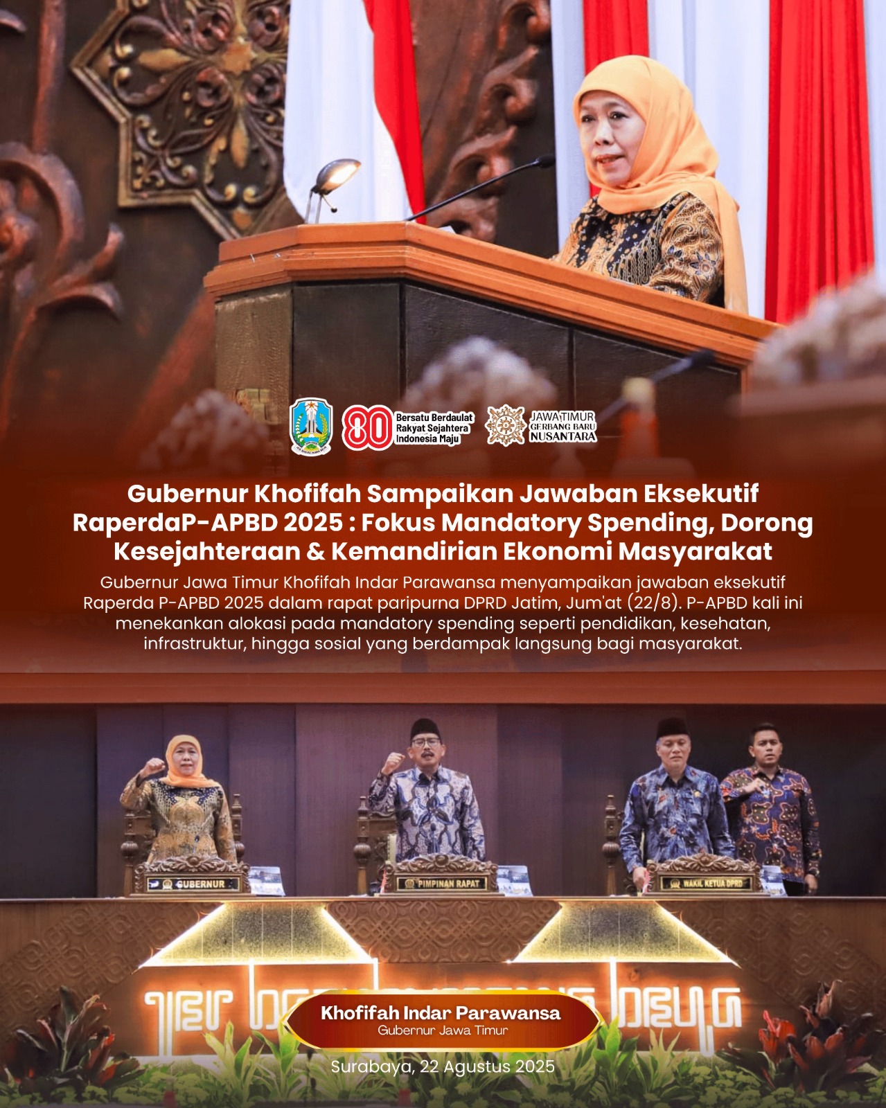 Gubernur Khofifah Sampaikan Jawaban Eksekutif Raperda P-APBD 2025, Fokus Mandatory Spending serta Dorong Kesejahteraan dan Kemandirian Ekonomi Masyarakat