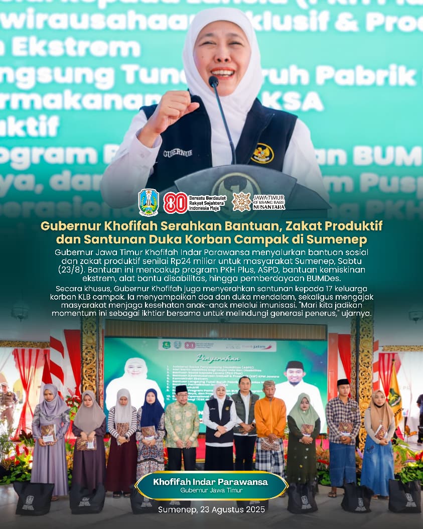 Gubernur Khofifah Salurkan Bantuan dan Zakat Produktif Senilai Rp 24 Miliar, serta Serahkan Santunan Duka untuk 17 Keluarga Korban Meninggal Karena Campak di Sumenep