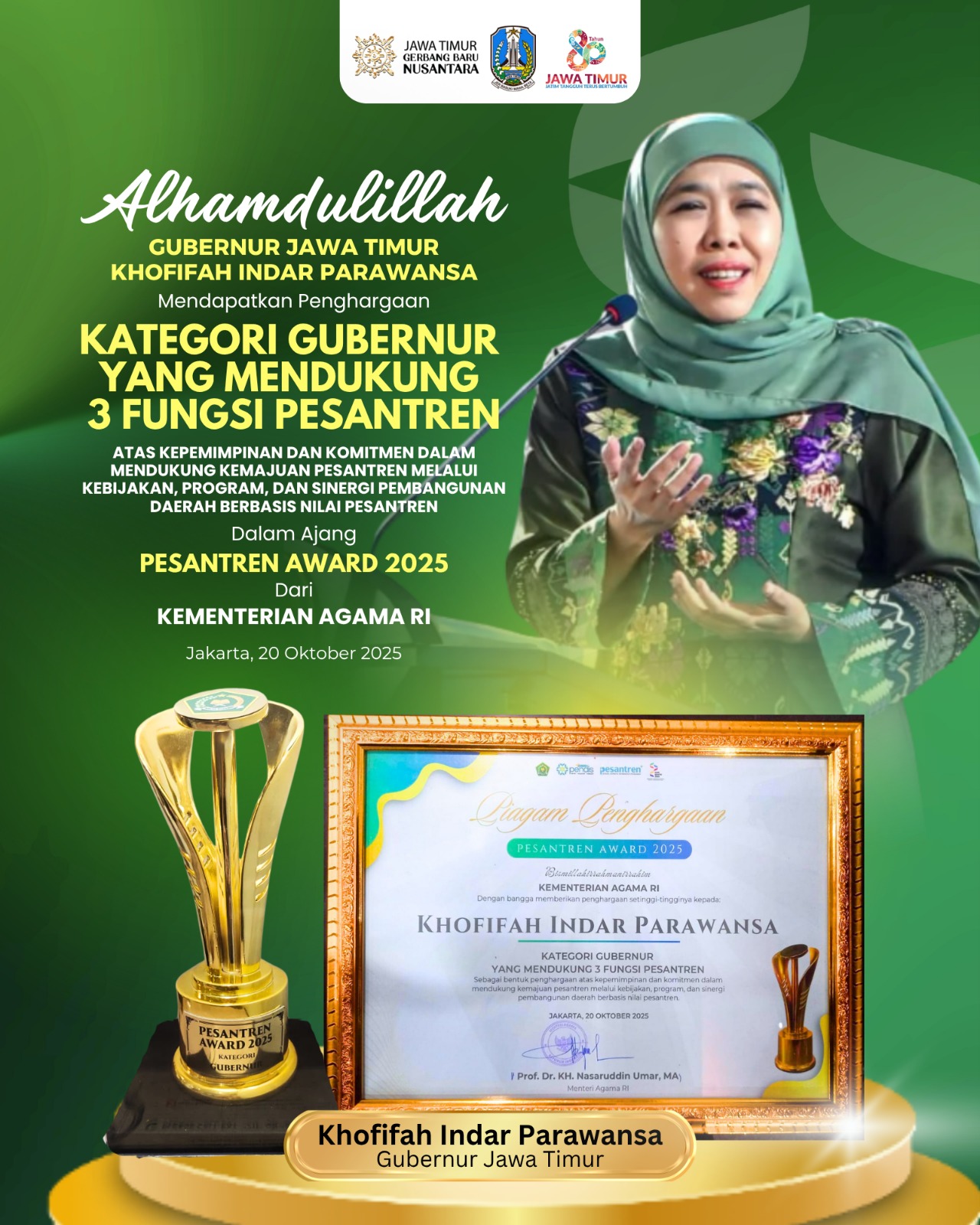 Gubernur Khofifah Diganjar Penghargaan Kemenag, Pesantren Jadi Benteng Moral dan Cinta Tanah Air