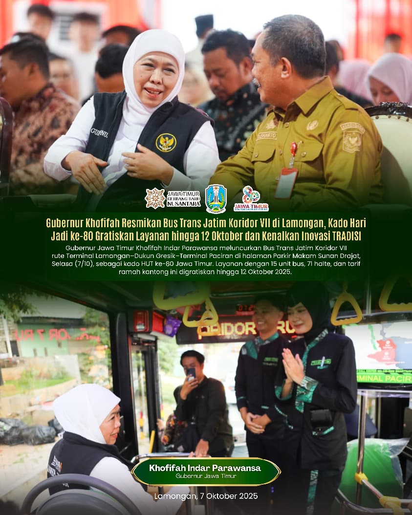Perkuat Konektivitas Wilayah Barat Jatim, Gubernur Khofifah Resmikan Bus Trans Jatim Koridor VII di Lamongan