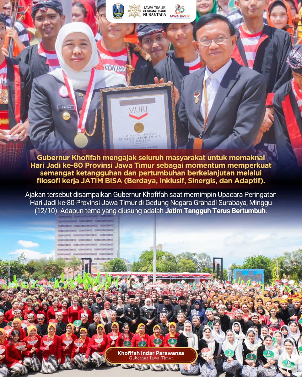 Gubernur Khofifah Ajak Generasi Muda Jatim Rayakan HUT ke-80 dengan Semangat Kreatif, Kolaboratif, dan Adaptif