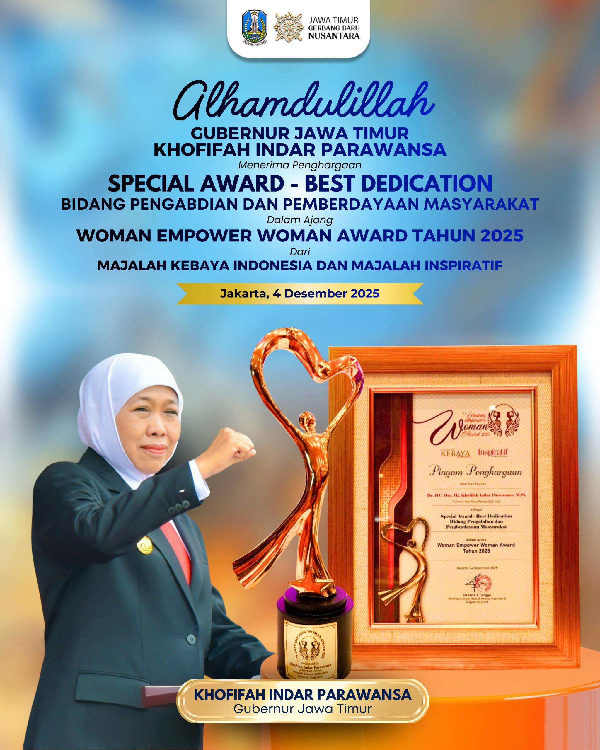 Gubernur Khofifah Apresiasi Perempuan Kepala Keluarga, Komitmennya Berbuah Woman Empower Award 2025