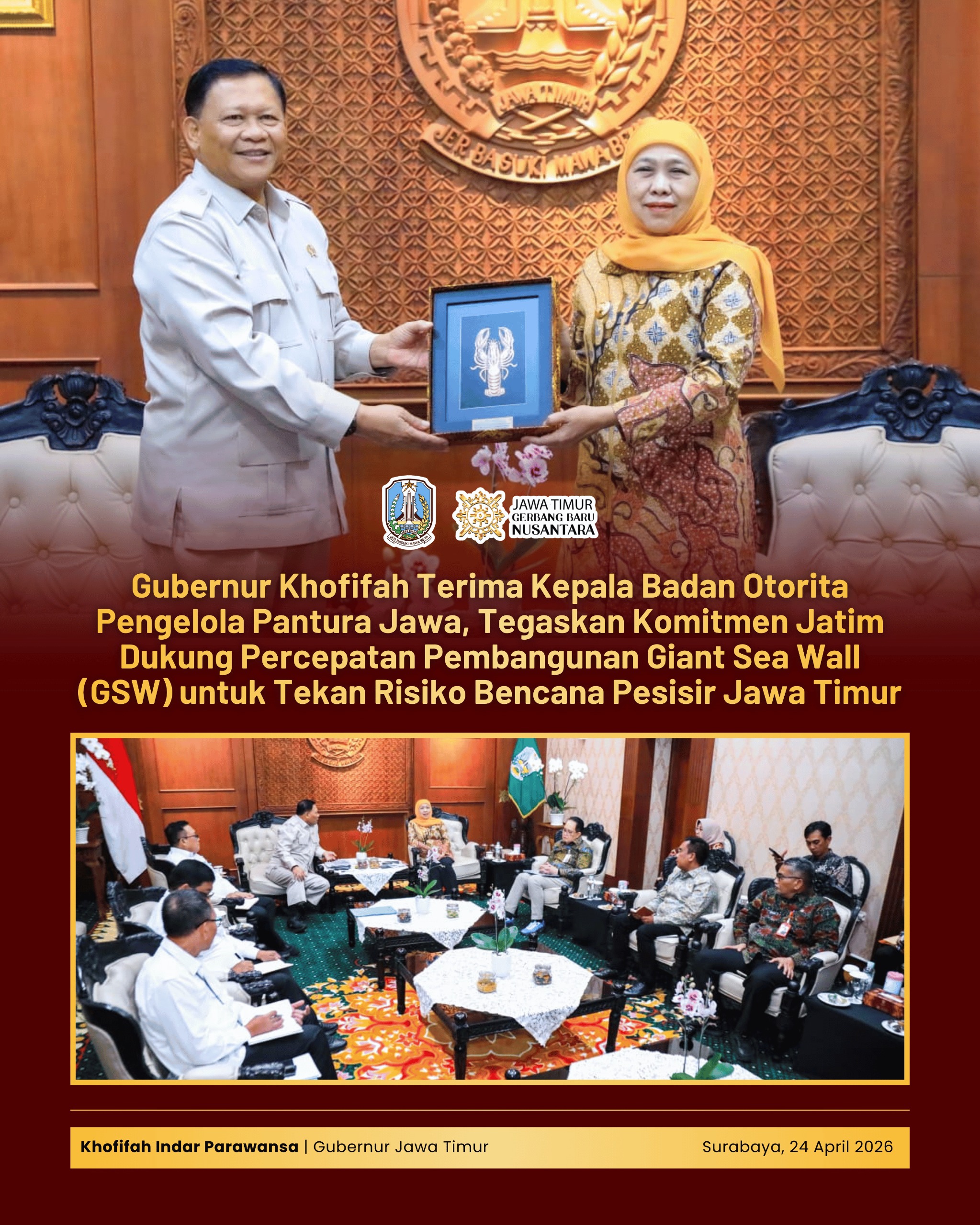 Gubernur Khofifah Siapkan Dukungan Penuh Giant Sea Wall, Fokus Lindungi Tuban, Lamongan, dan Gresik